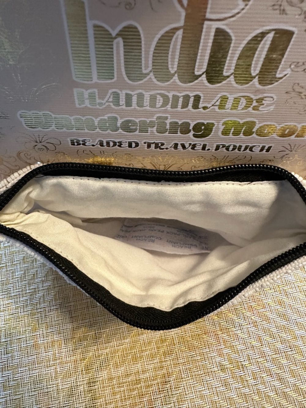 Handmade India Beaded Cosmetic Pouch in White with Black Bow Detail - Picture 3 of 4